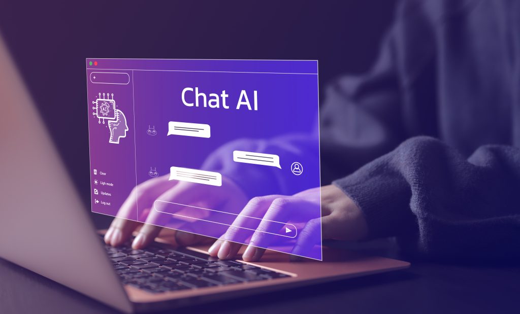Chat Bot Chat with AI or Artificial Intelligence technology. Woman using a laptop computer chatting with an intelligent artificial intelligence asks for the answers he wants.